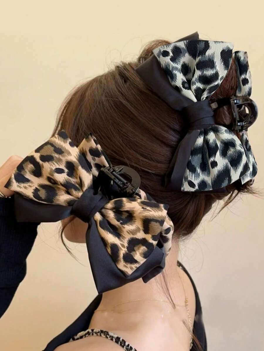 1pc Women's Double Layered Bow Hair Clip, Leopard Print & Hair Claw, Vintage Elegant Style For Ponytail/Bun Hair Clips Hair Jaw Clip Hair Clamps Hair Clutch Hair Catcher Clip, Claw Clip