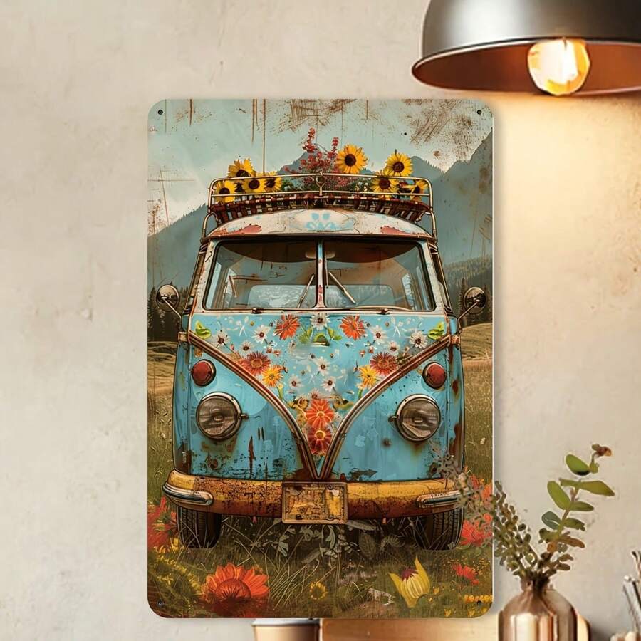 Panneau métallique vintage style floral bus, décoration murale en fer pour salle de sport, café, garage, restaurant, maison, chambre à coucher - art rétro de fleur gravé sur feuille, pour intérieur et extérieur - 1 paquet, 20 x 30 cm