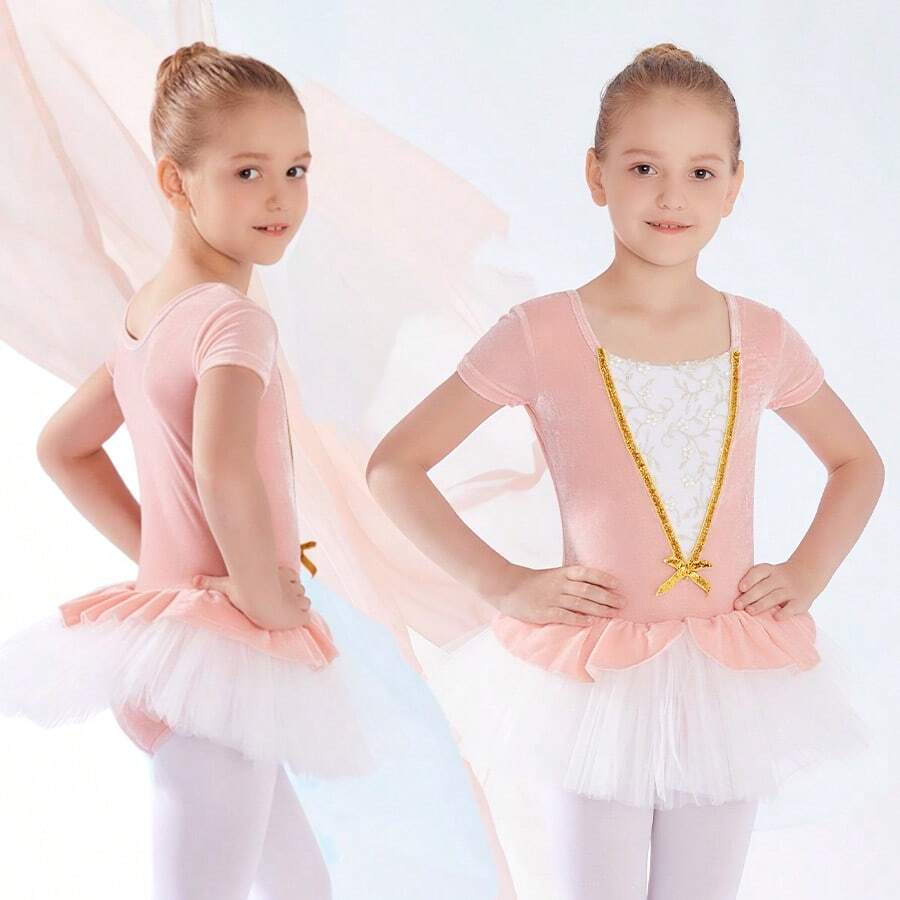 Meninas Ballet Gold-Rimmed Saia de Manga Curta Collant Ballet Saia de Dança Traje de Ballet Vire
