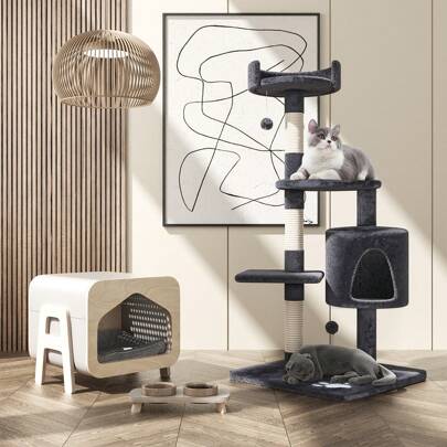 OYAJIA Cat Tree Medium Cat Tower, Activity Center Stable And Sturdy, Cat Tree With Hammock And Wide Cat House Size M 116CM Grey / Dark Grey