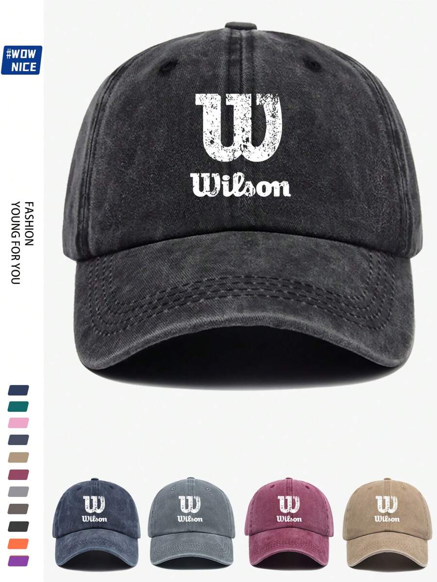 1pc Wilson Stylish Printed Baseball Cap, Vintage Dad Hat, Outdoor Casual Sun Protection, Breathable, Adjustable Size, Multi-Color Option, Tennis Sport Graphic, City Casual Sunhat