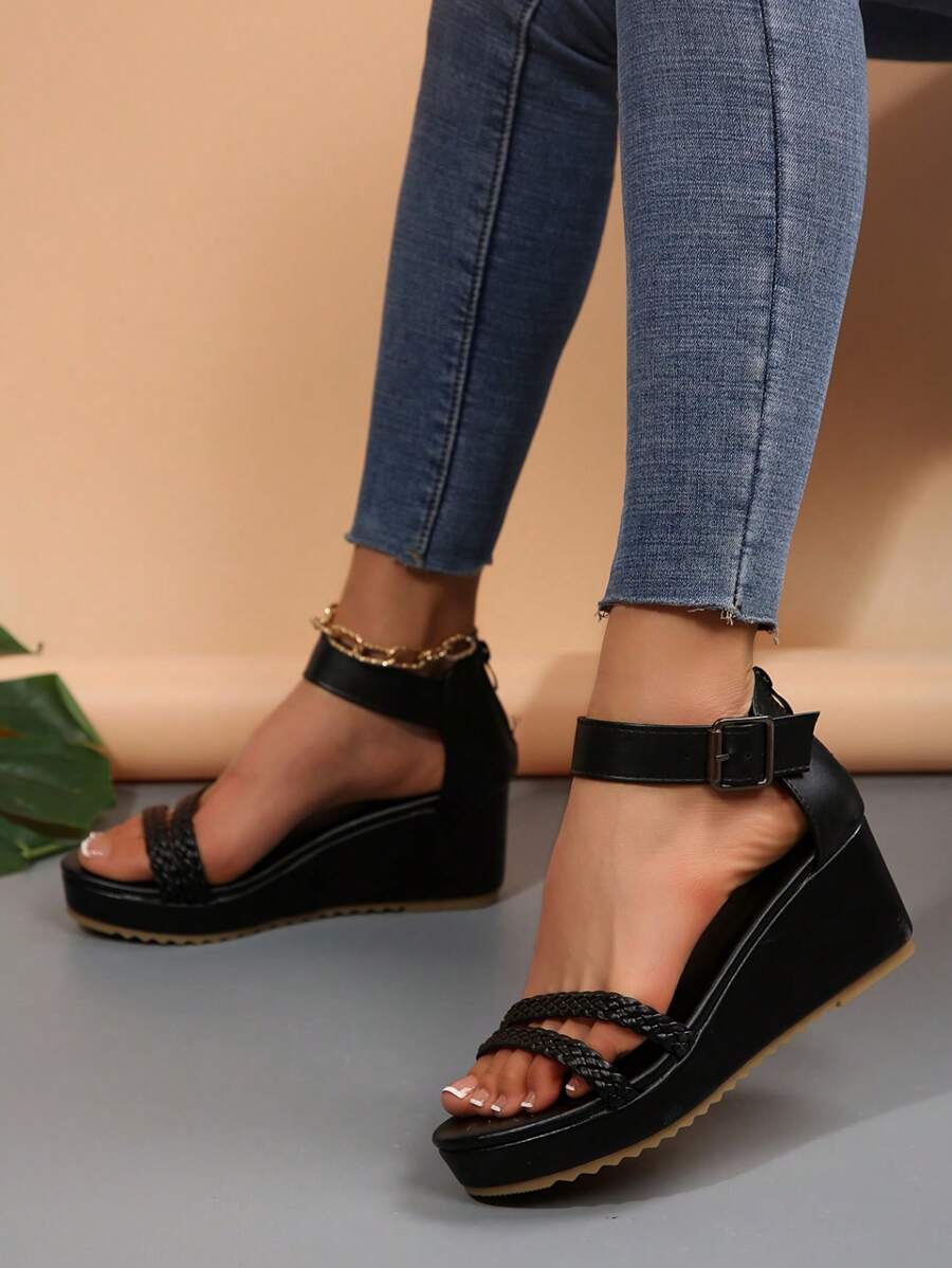 Sandalias de cuña con correa de tobillo y hebilla, sandalias negras de moda para mujer