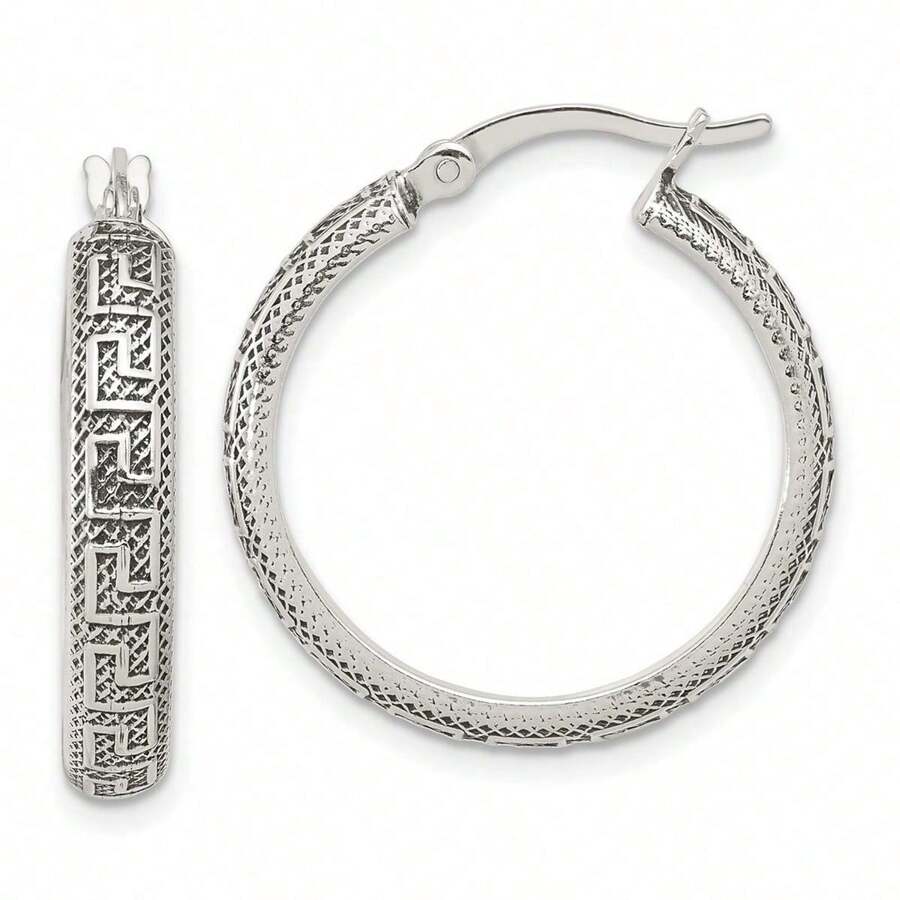 Jewelryweb 925 Sterling Silver Textured Greek Key Large Round Hoop Artisan Oxidized Earrings - 26.1x4.35mm