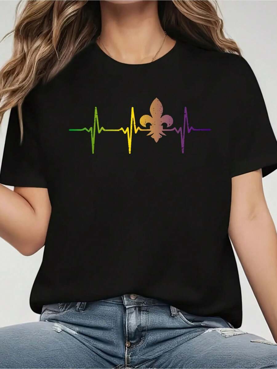 Jester Hat Heartbeat Nurse Funny Mardi Gras Carnival Medical T-Shirt - Women's 100% Cotton Casual Short-Sleeved Crew Neck T-Shirt For Spring And Summer - Comfortable, Relaxed Fit, Printed Graphic Tee