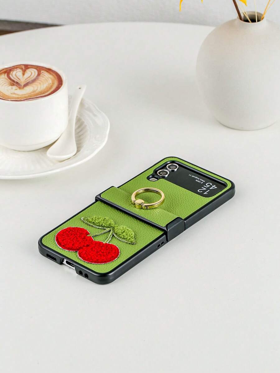 1pc Metal Ring Holder Phone Case With Hinge Protection, Full-Body Pu Leather Electroplated Embroidery Cute Cherry Design Compatible With Galaxy Z Flip3 5G, Galaxy Z Flip4 5G, Galaxy Z Flip5 5G, Galaxy Z Flip6 5G
