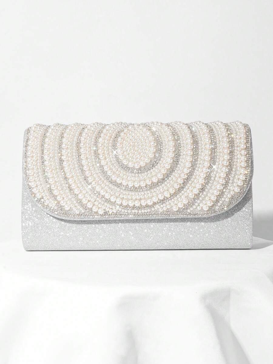Bolso de mano de noche tipo sobre con decoración de perlas falsas, bolso de novia romántico para boda, bolso de gala con adornos de cristales de lujo para vestido de noche, bolso de mano formal con correa cruzada para fiesta