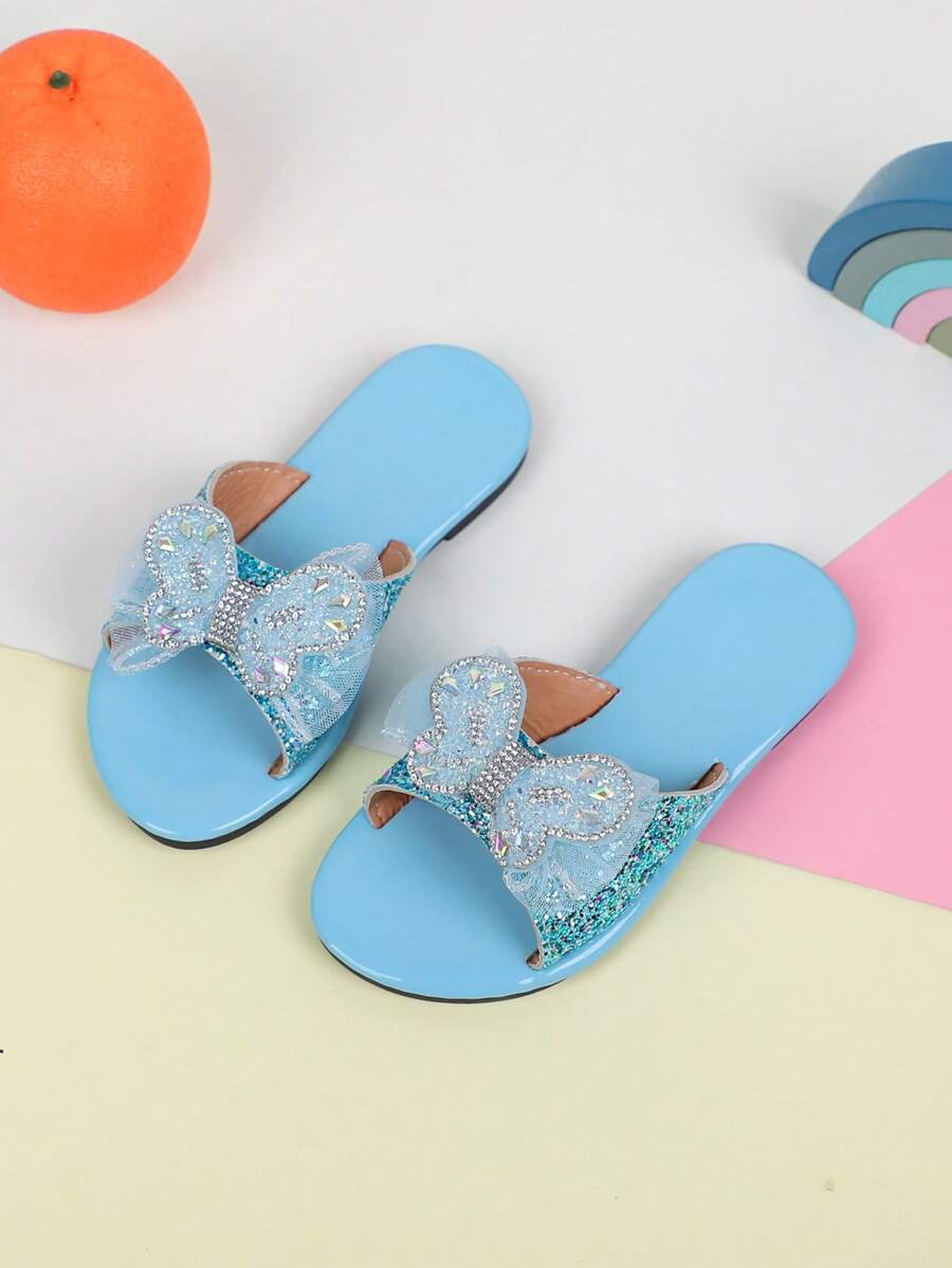 1 Pair Girls' Fashionable Glitter Butterfly Slide Sandals, Flat, Suitable For Summer