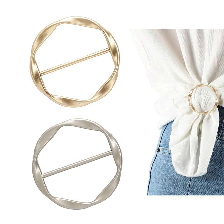 2 piezas Broche de bufanda de seda, Broche de camiseta, Hebilla redonda de moda para cinturón, Color dorado + plateado