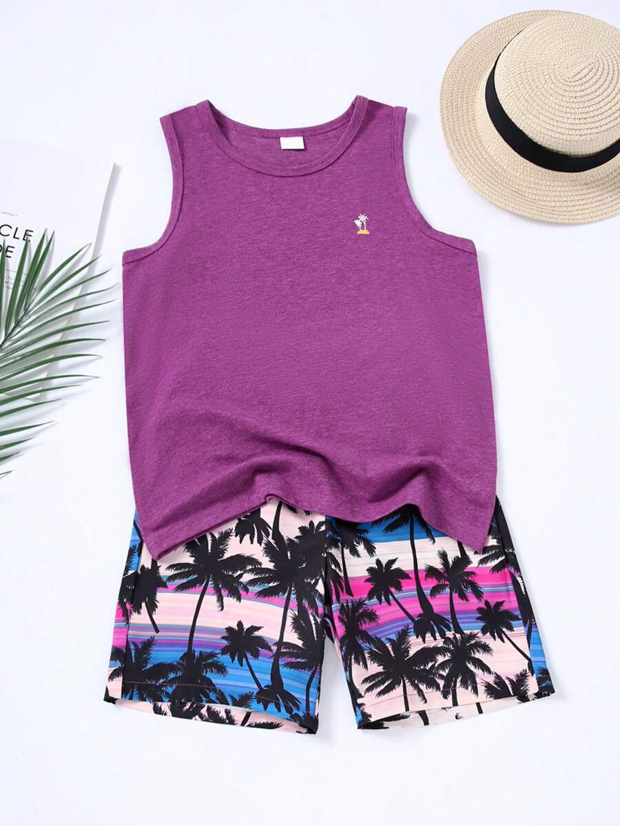 Set casual de 2 piezas: Camiseta de tirantes con estampado de árbol y pantalones cortos hawaianos de cintura elástica para niños