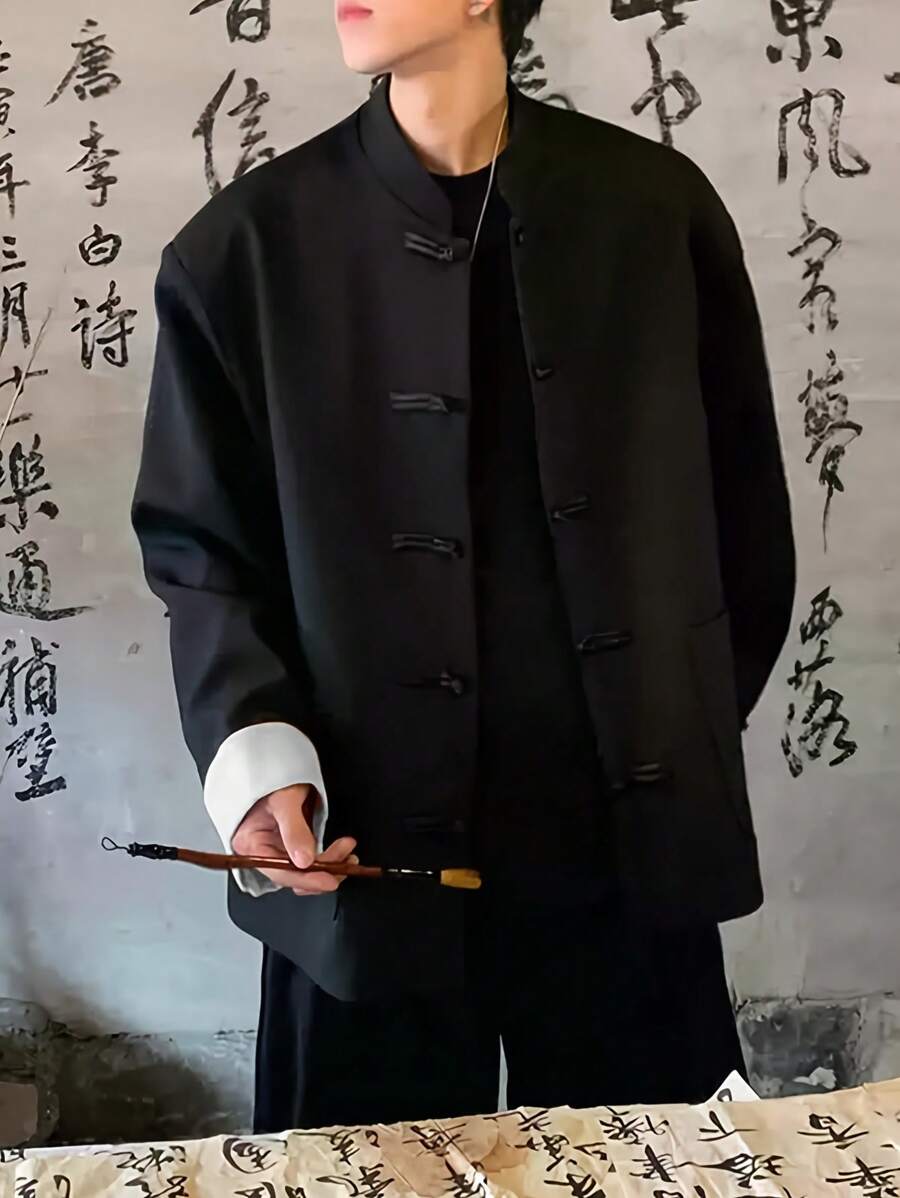 Camisa de manga larga casual de estilo chino para hombre, con cuello pequeño de pie, traje tradicional Tang, chaqueta Zhongshan suelta, transpirable y cómoda