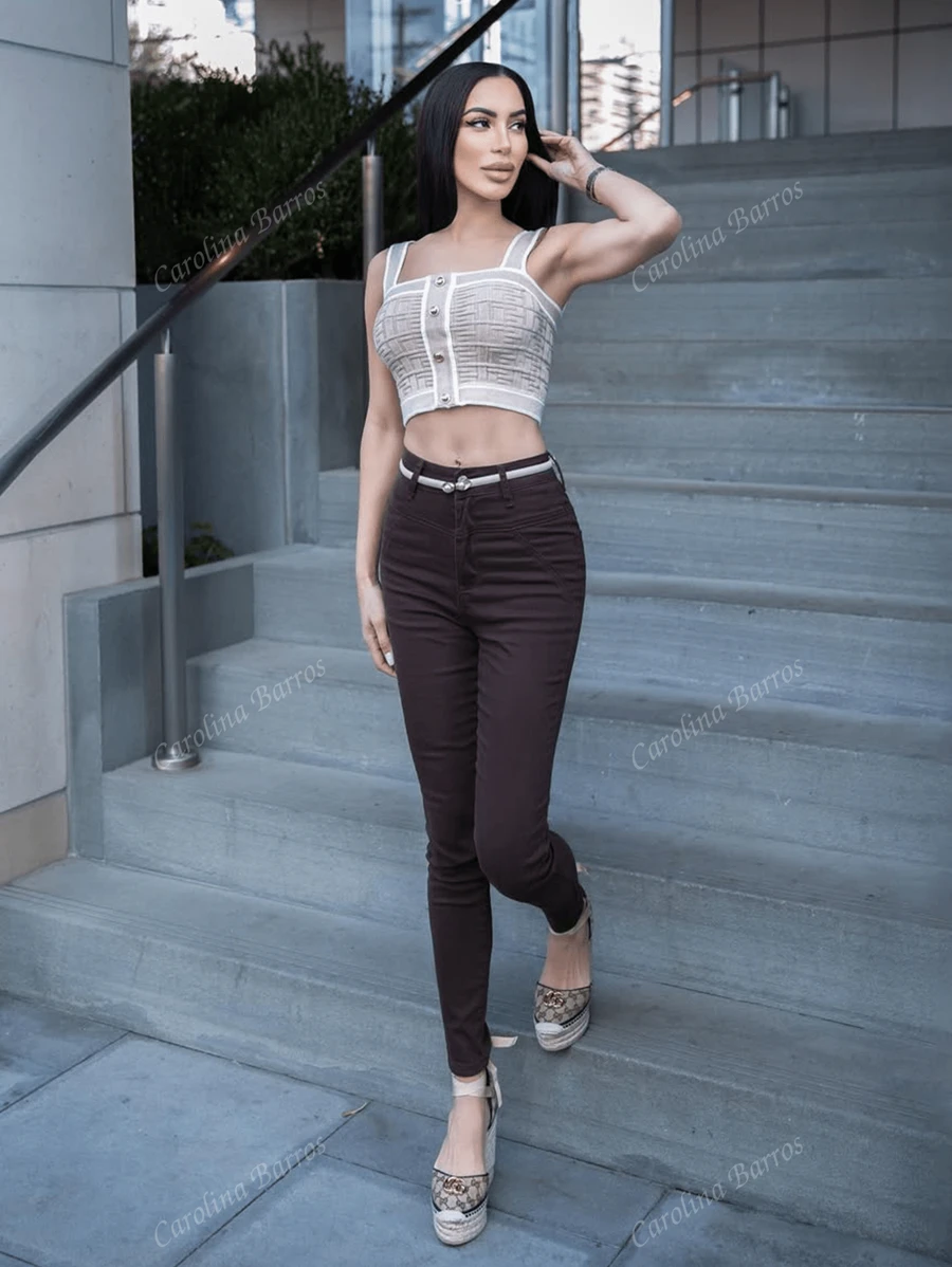 Carolina Barros Spring Break Contrast Trim Button Detail Crop Knit White Top