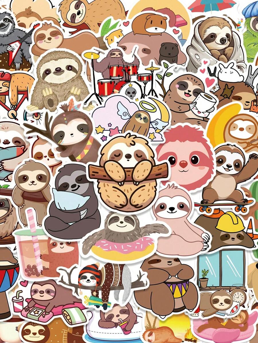 50PCS Cute Cartoon Sloth Stickers, Waterproof PVC Material, Suitable For Helmet Decoration, Scrapbooking, Car Decor, Party Decoration, Labels, Laptop, Luggage, Guitar, Water Bottle, Phone Case, Urban Youth Decoration