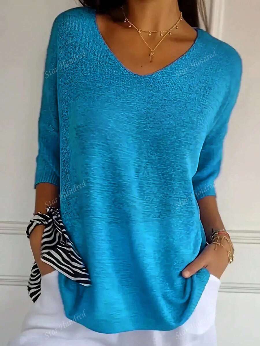 Plus Size Simple Elegant V-Neck Long Knit Sweater, Spring/Summer