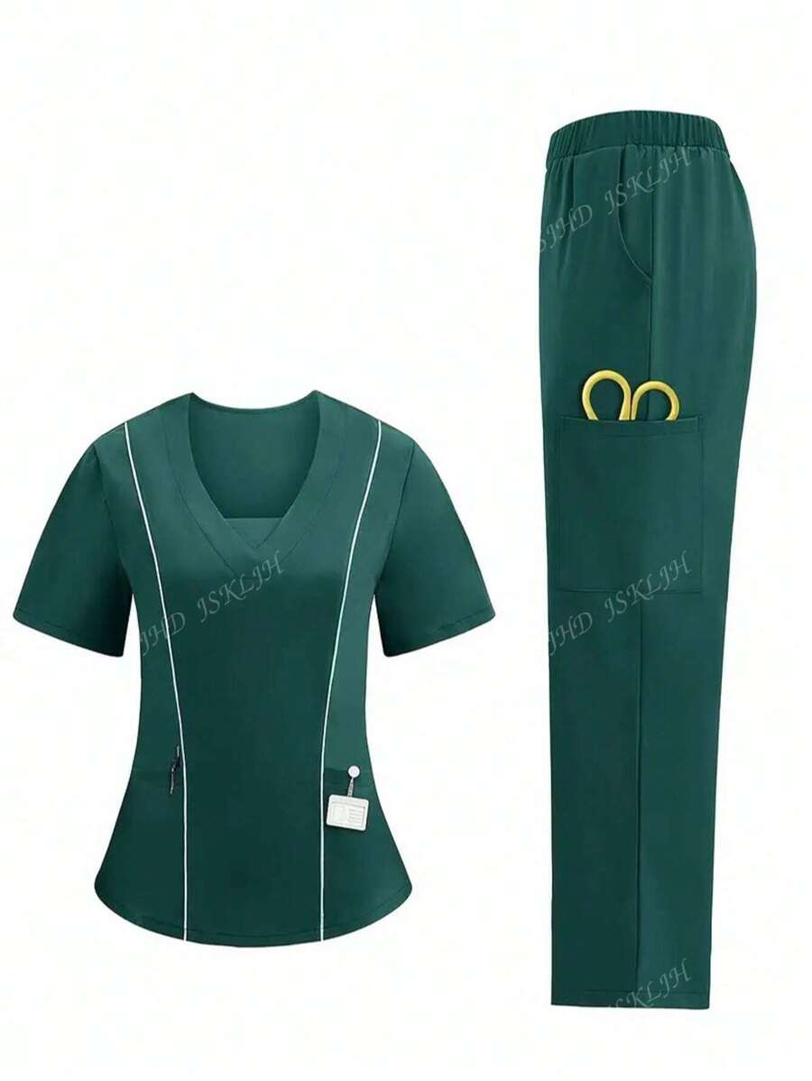 Ensemble uniforme pour femmes, Top à manches courtes et pantalon avec bordure contrastante, ensemble de blouse d'été