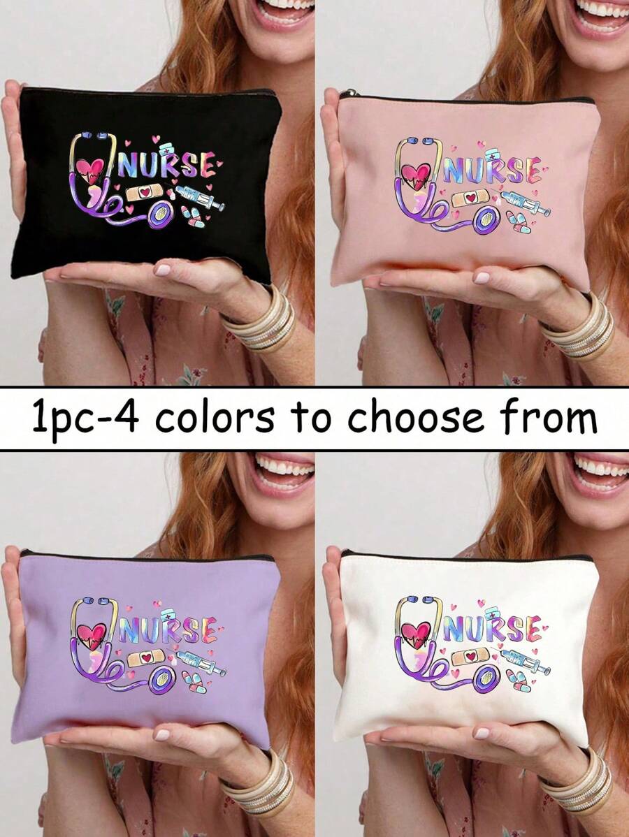Polychrome Makeup Bag With Creative Patterns Related To The Nurse Theme, A Storage Bag With The Letter "Nurse", Which Can Store Medical , A Multifunctional Beauty Bag,Handbag, Coin Purse, Miscellaneous Storage, Medication Classification