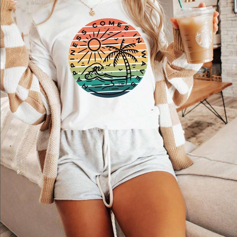 100% Cotton Happiness Comes In Waves, Retro Sunset Palm Tree, Vintage, Distressed T-Shirt Soft Streetwear Fashion Versatile Unisex Homme Stylish For Women Summer Slightly Designer Clothes Print Round Neck Short Sleeve Comfortable Top For Everyday Wear Graphic Stretched Casual Breathable