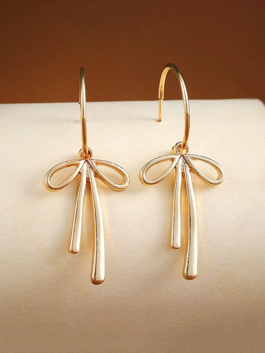 2 stuks eenvoudige gouden strik hanger oorbellen, elegante stijl sieraden voor meisjes