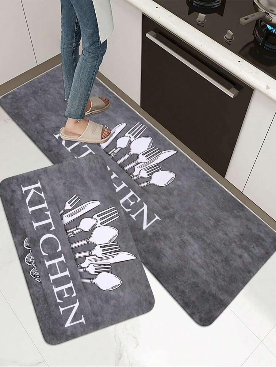 1pc Flatware & Letter Graphic Kitchen Rug, Retro Polyester Kitchen Mat For Kitchen ,Room Decor