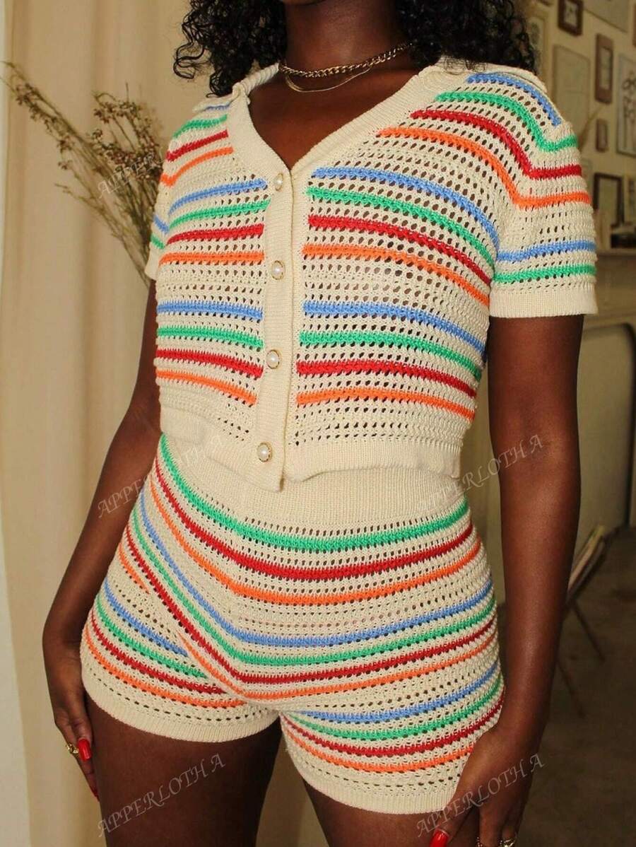 Apperloth A Y2K Street 2Pcs Rainbow Stripe Colorblock Hollow Out Turnover Collar Button Front Short Sleeve Crochet Knit Crop Tee Top & Shorts