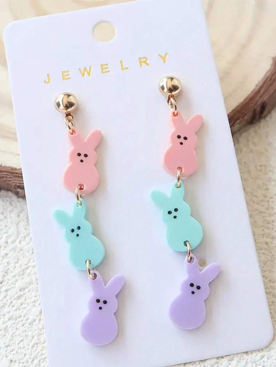 1 par de pendientes colgantes con diseño de oreja de conejo y huevos de Pascua de colores acrílicos, estilo lindo de conejo en color caramelo como regalo festivo para mujeres en fiestas, festivales y días festivos