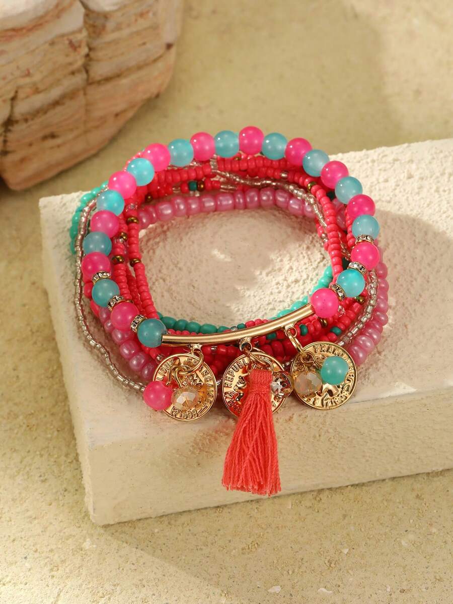 Set de 9 piezas Brazaletes de mujer con cuentas de vidrio y borlas, estilo bohemio con cadena metálica