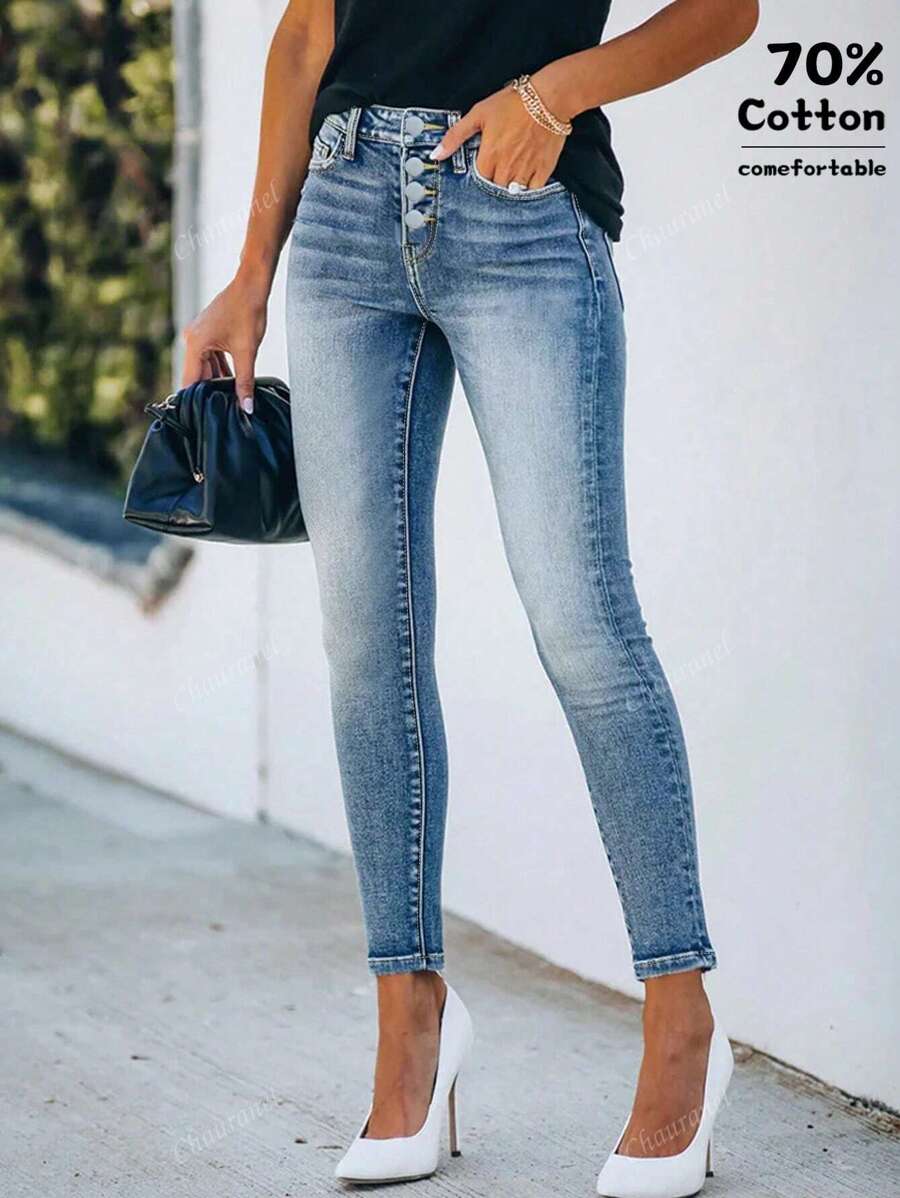 Women's Casual Slim Fit Low Waist Pocket Button Denim Capri Pants, Suitable For Commuting And Daily Wear, Autumn