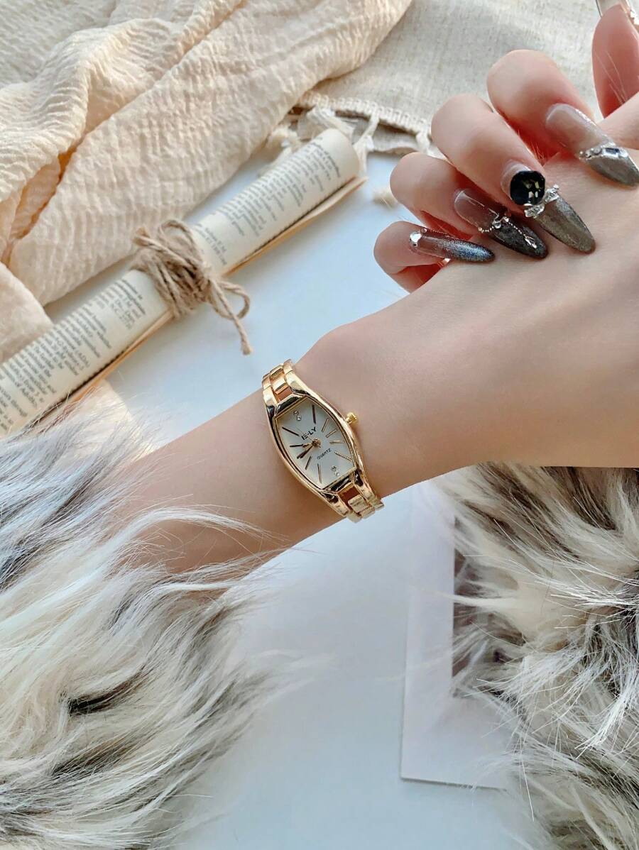 1pc Rose Gold Crystal Glass Small Face Bracelet Watch, Fashionable & Elegant For Daily Decoration