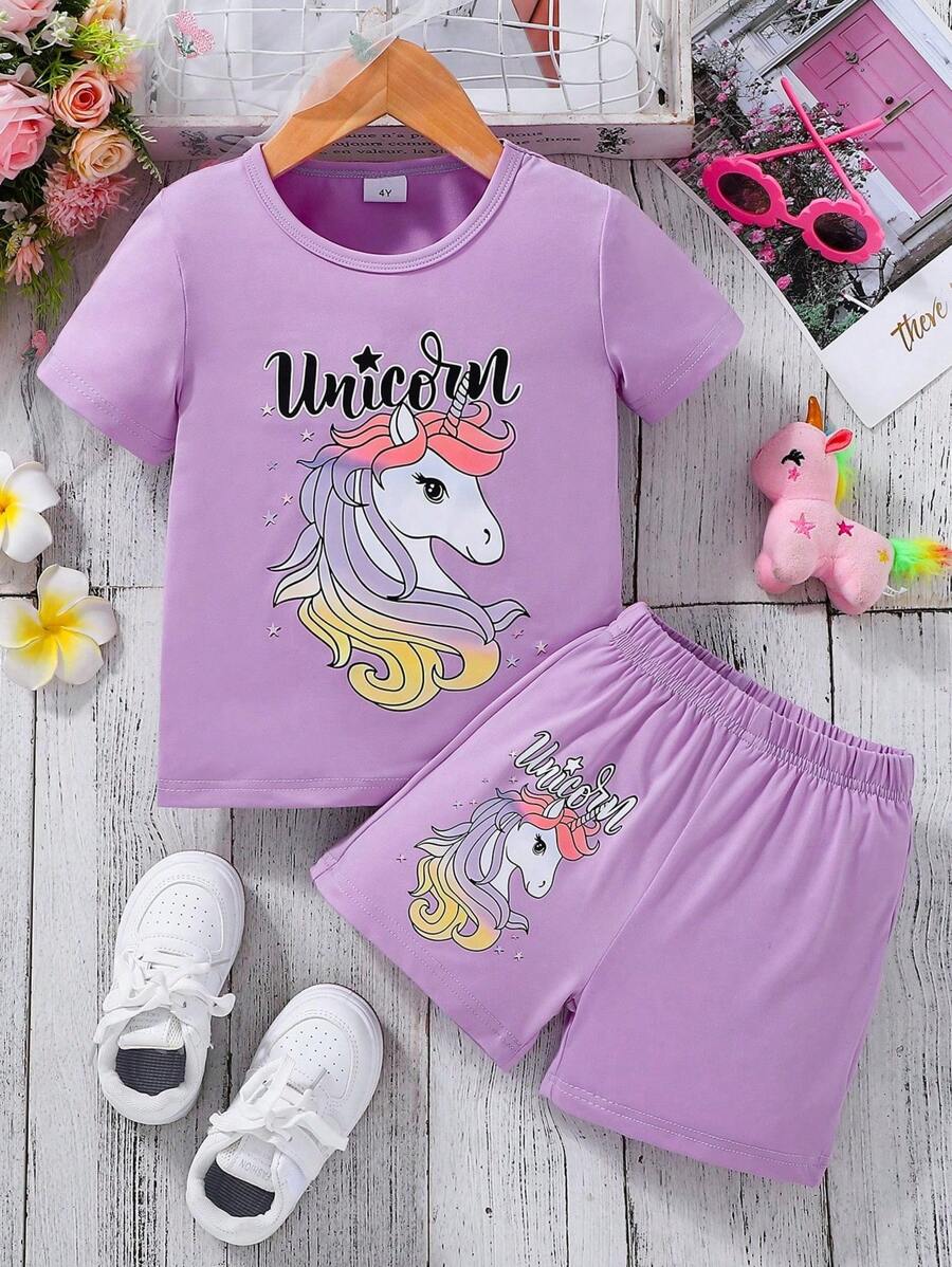 Young Girls Unicorn Print Short Sleeve T-Shirt And Shorts Set, Casual And Fashionable For Everyday Wear