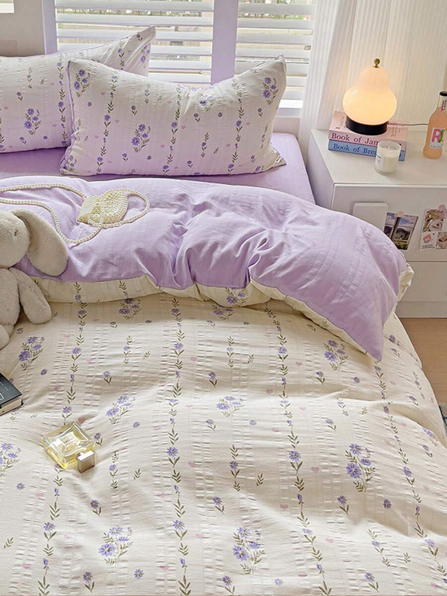 4pcs Bedding Set, Soft Lavender Print Duvet Cover, Suitable For Double Bed Or Single Dorm, Daily Use Beddings Include 1 Duvet Cover, 1 Flat Sheet, 2 Pillowcases (Filler Not Included)