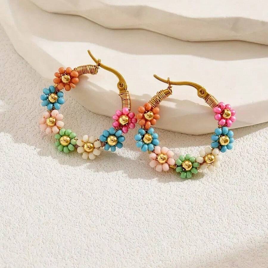 1 Pair Bohemian Style Floral Earrings, High-End Lightweight Luxury Stainless Steel Hoop Earrings, Anniversary/Birthday Gift