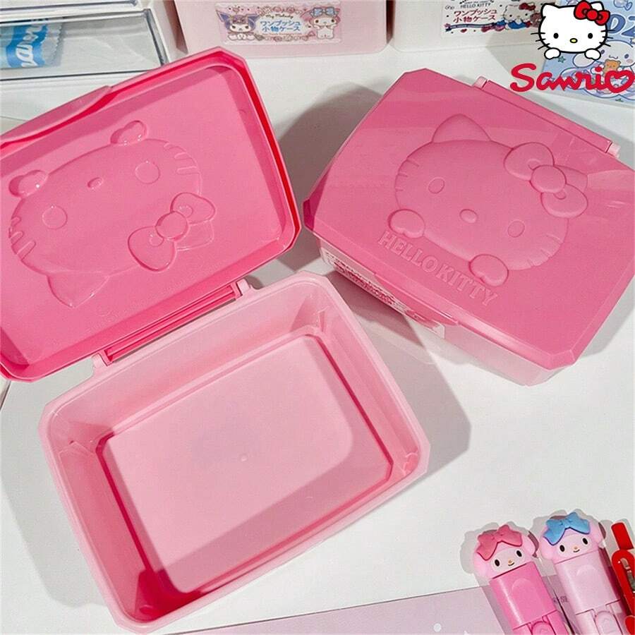 Sanrio 1 szt. Sanrio Hello Kitty Cartoon Cute Flip Style Pudełko do przechowywania, podkładka pod biżuterię i makijaż, wielofunkcyjne, pyłoszczelne pudełko do przechowywania na biurko. Materiał ABS z wzorem kreskówkowym, nadaje się na blat stołu w sypialni, jadalni, łazienki