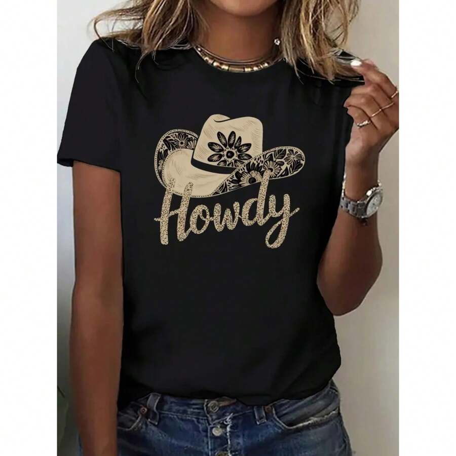 100% Cotton T-Shirt For Women With Flower And Cowboy Hat Pattern Print, Comfortable Fit T-Shirt