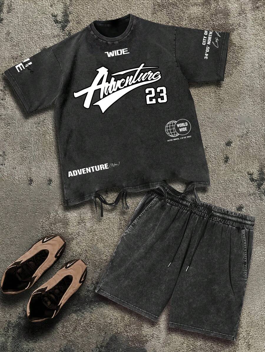 Lonblece Vintage American Style Casual Sports Outfit For Men, Washed High-End Loose Fit Matching T-Shirt And Shorts Set