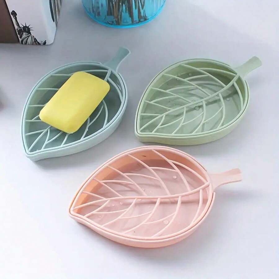2pcs Leaf Shaped Soap Dish Set, Non-Slip Bathroom Soap Holder, Shower Drainage Tray, Decorative Soap Storage Tray For Home And Kitchen, Plastic Material