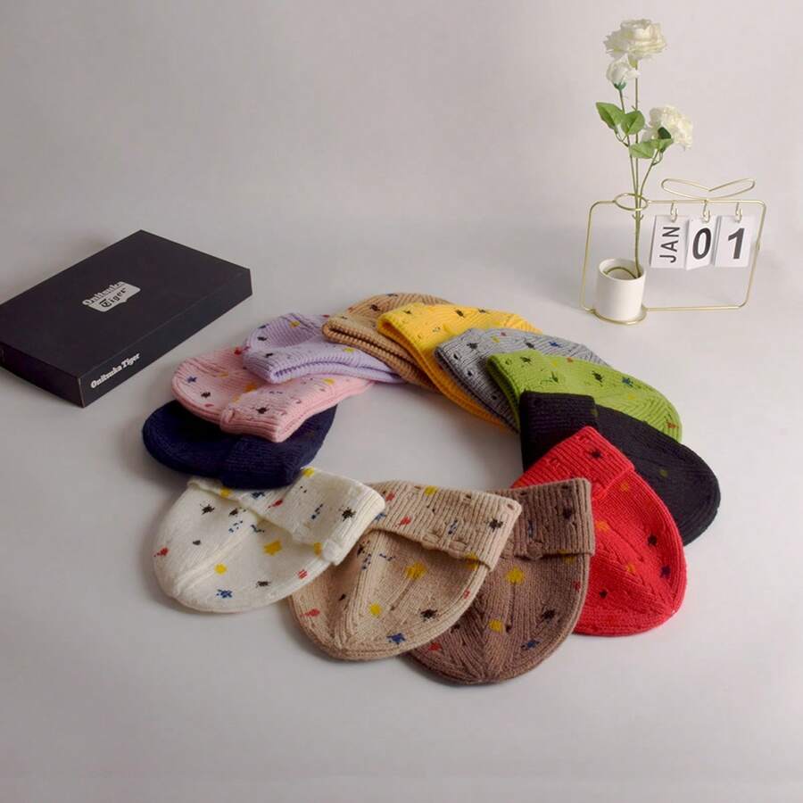 Bonnet tricoté arc-en-ciel avec éclaboussures de peinture néon pour l'hiver, bonnet à revers, bonnet classique et chaud pour femme adulte, taille unique
