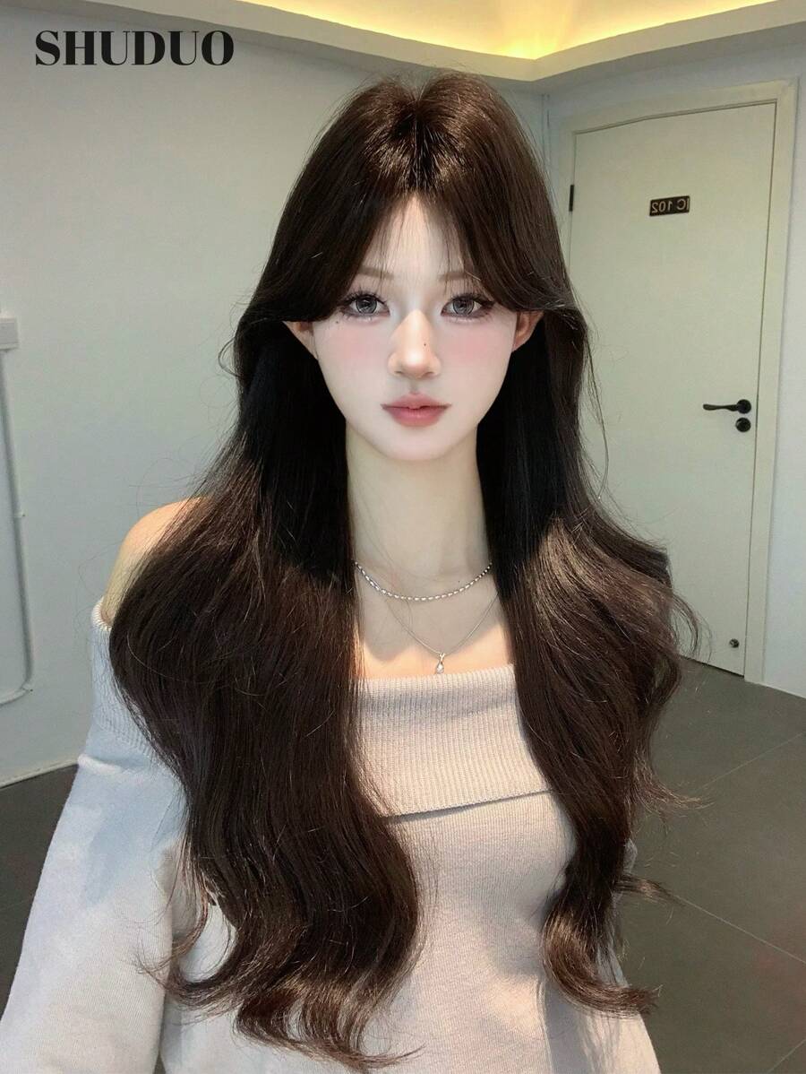 SHUDUO 1 Piece Synthetic Heat-Resistant Wavy Hair Wig, Black-Brown, 28-Inch Long, Center Split Bangs, Made With Fibers For Daily Use, Natural And Realistic Wig (Accessories Not Included)
