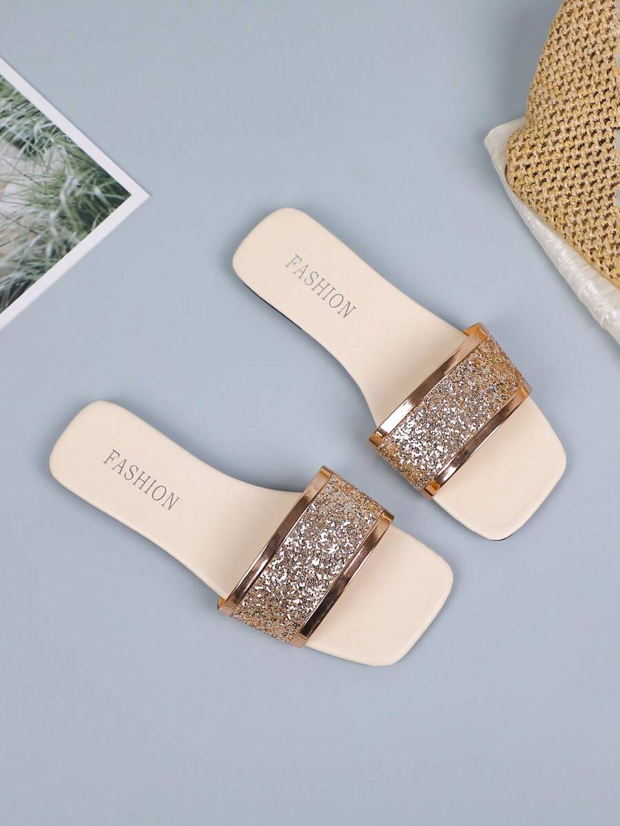 Women's Rose Gold Round Toe Slide Sandals, Casual Beach Flat Flip Flops