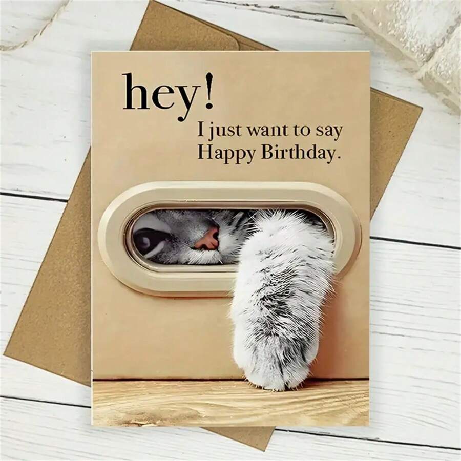 Adorable Cat Birthday Greeting Card - "Hey! Just Wanted To Wish You A Happy Birthday" Message, Includes Envelope, Cartoon Animal Themed, Tactile, Suitable For Any Recipient, Birthday Card