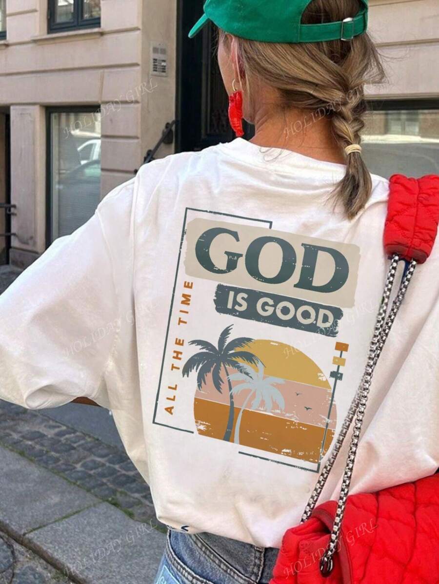 Nieuwe zomerslogan voor dames: T-shirt met ronde hals en korte mouwen en palmboomprint, veelzijdig voor dagelijks gebruik en modieuze vakantiestijl. Grafische T-shirts, vakantie-outfits voor dames, zwarte top voor dames.