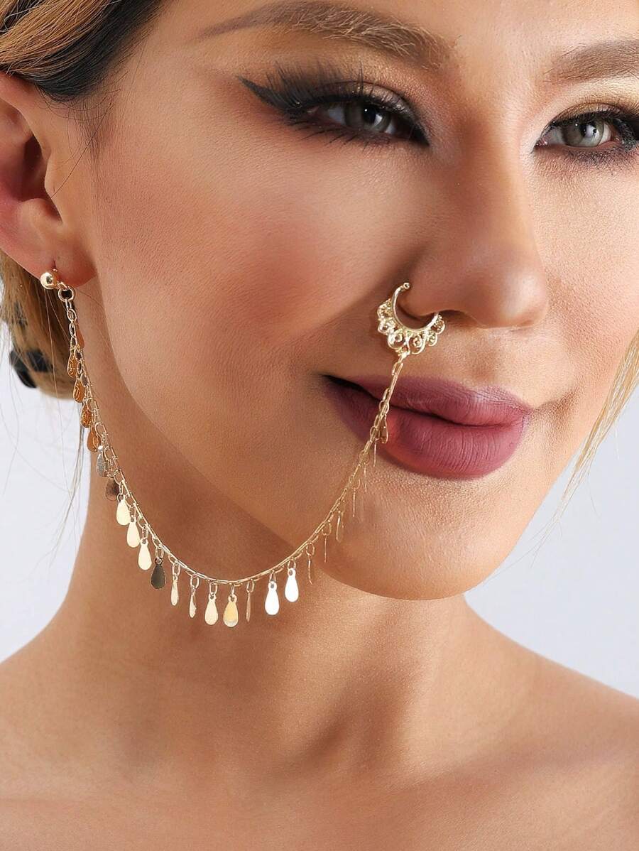 1 pièce PC Goutte d'eau Glands, Clous de nez sans perforation, Boucles d'oreilles mignonnes et cool, Anneaux de nez percés, Boucles d'oreilles intégrées en métal créatif, Accessoires de mode de mariée, Boucles d'oreilles de chaîne de nez de style bohème indien, Anneaux de nez, Boucles d'oreilles pendantes non percées