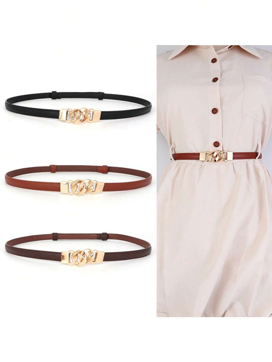 Women's Dress Accessory Summer, Drawstring Waist Belt, Adjustable Fashion Chain Buckle, Simple Dress Strap For Shirt, Solid Color Casual PU Leather Waist Belt
