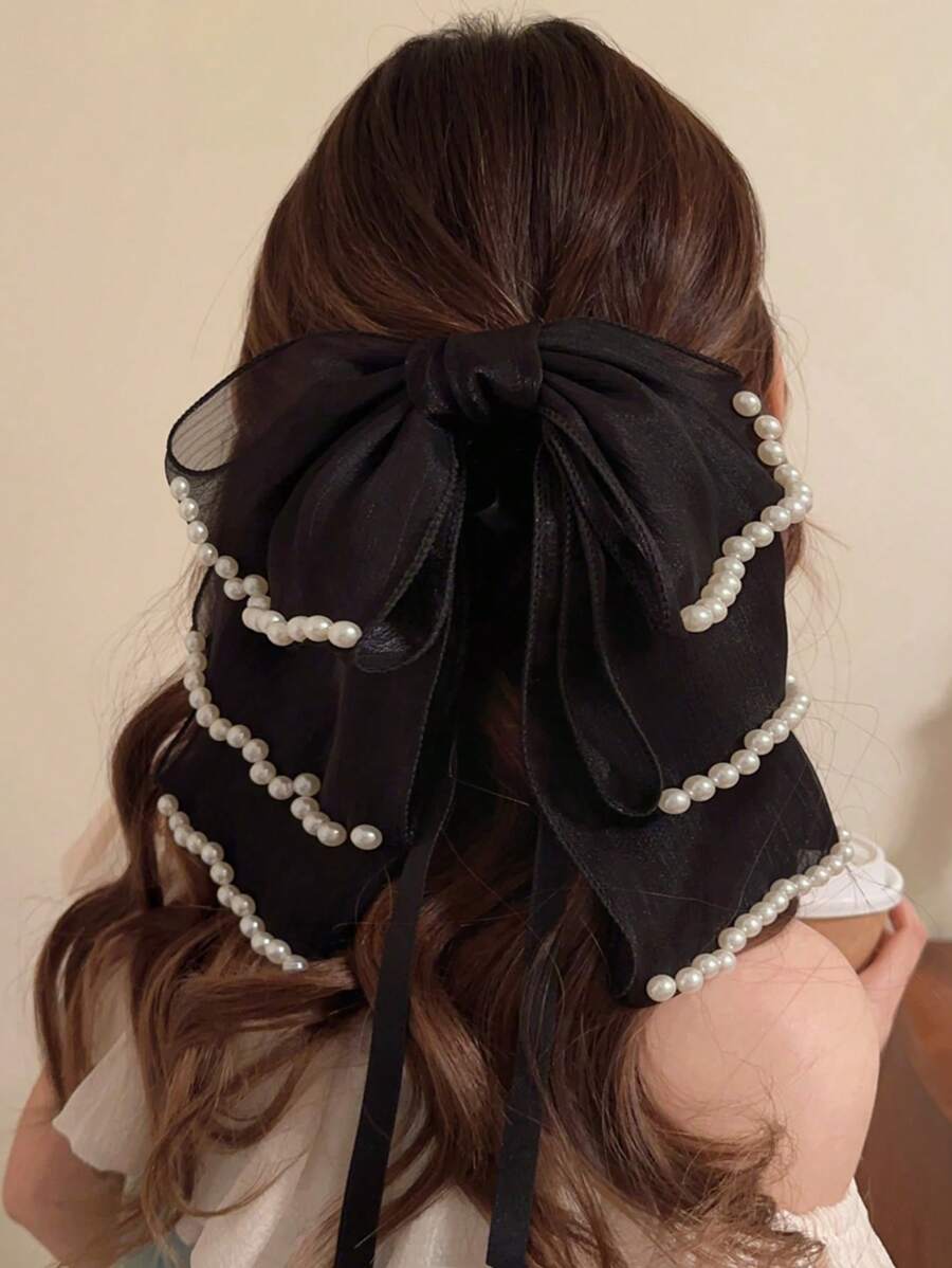 1pc Women Fairy Style Ribbon Bow Hairclip (Random Faux Pearls), Romantic Mori Style Hair Accessory Clip For Partial Updo,Hair Accessories,Hair Claw,Claw Clips,Hair Clutch,Hair Jaw Clip