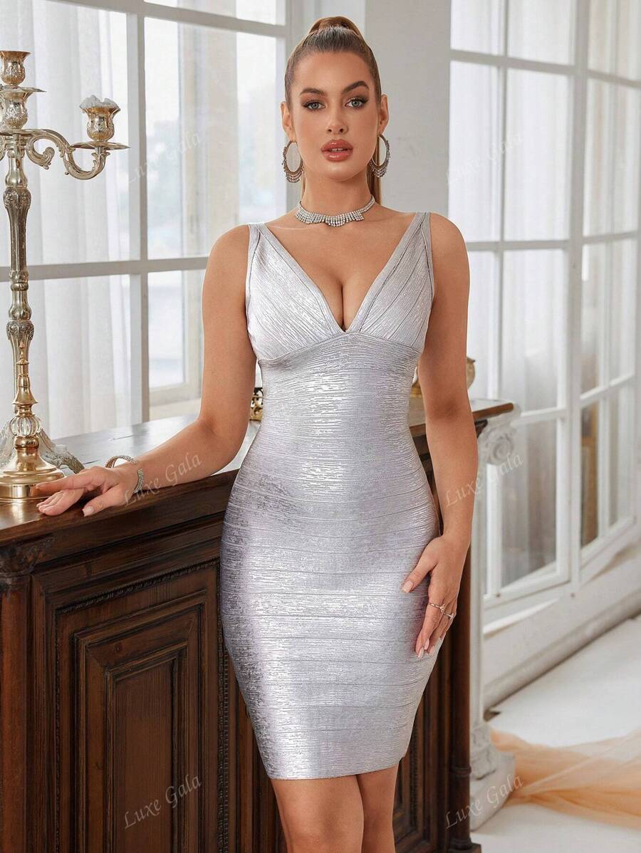 Silver Deep V Halter Tight Bandage Dress Prom Party Gowns Cocktail Dress