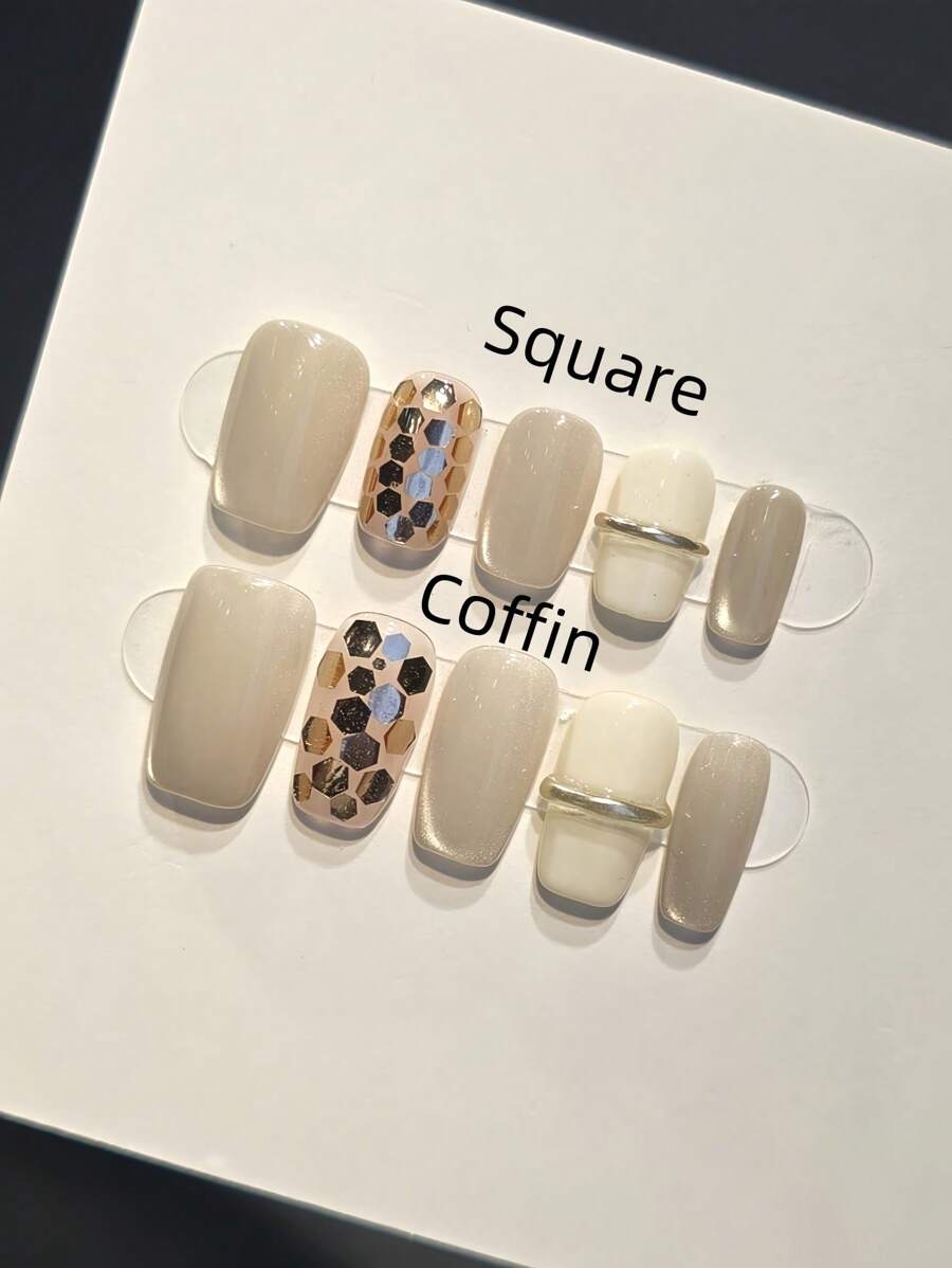 10pcs Trapezoidal Cat Eye Champagne Metal Shiny Nail Art Stickers, Clip-On Reusable Press-On Nails For Daily Wear, With 1pc Jelly Gel Nail File And 1pc Nail Buffer Block
