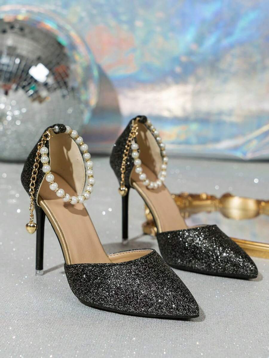 Damskie buty na obcasie z paskiem na kostce w jednolitym kolorze z perłowym szpiczastym noskiem, elegancki styl wróżki, odpowiednie na lato, formalne okazje i sukienki