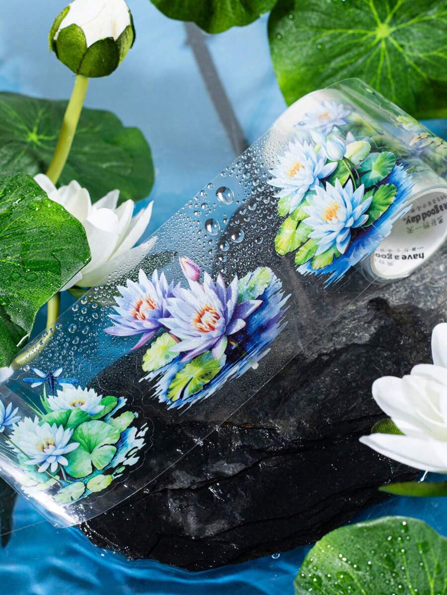 1 Rollo de cinta adhesiva con estampado de loto recortado, cinta adhesiva con pegatinas de plantas frescas para planificadores, serie de estanque de lotos de verano