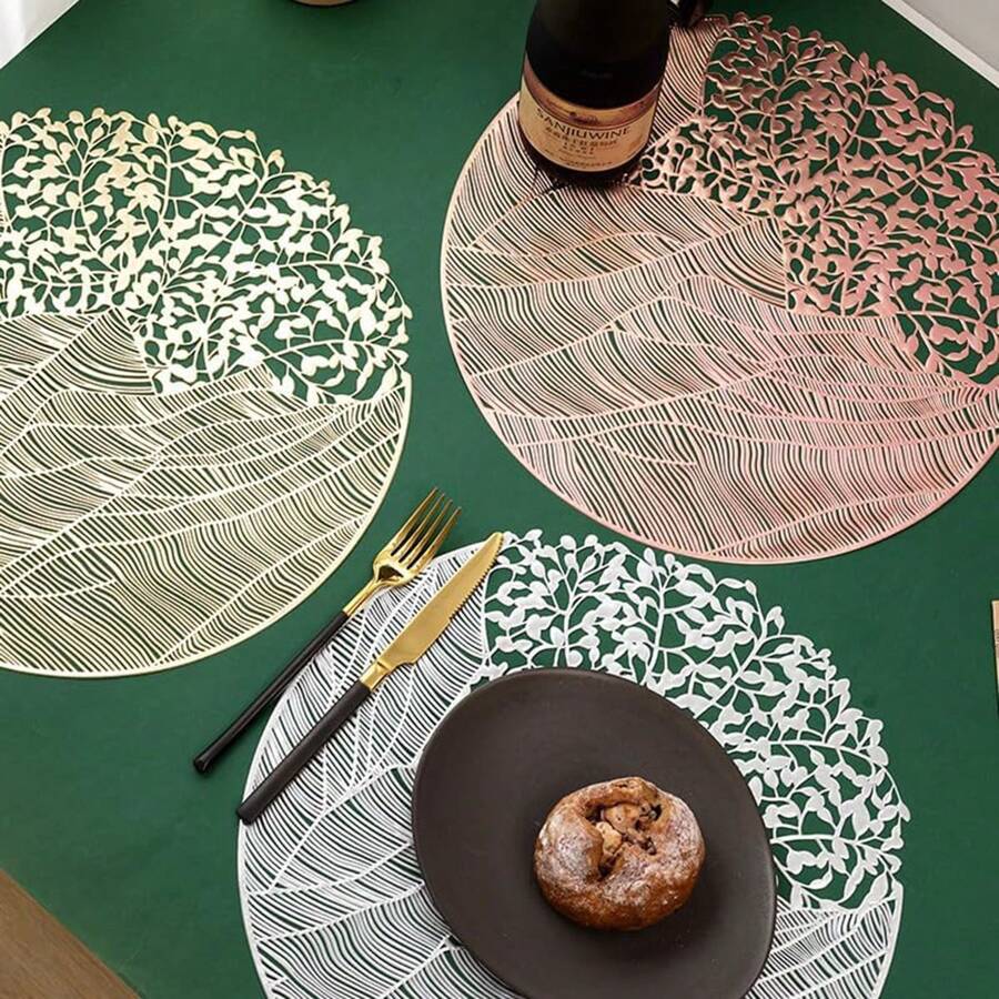 Round Vinyl Placemat,3/1 Set Of Gold Leaf Placemat,3/1 Indoor-Outdoor Hollow Metal Plate Non-Slip Suitable For Dinner, Party, Wedding Decoration Center Decoration Gifts Birthday Graduation Birthday Decorations Party Decorations Bachelorette