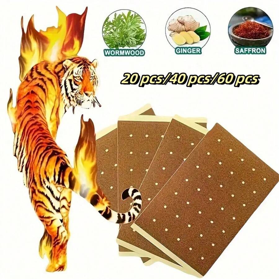 20/40/60 piezas de parches naturales de Bálsamo del Tigre, compresa caliente a base de hierbas chinas, de larga duración y súper fuerte, sin electricidad, adecuado para aliviar la espalda, las rodillas, el cuello, los hombros, los músculos y las articulaciones