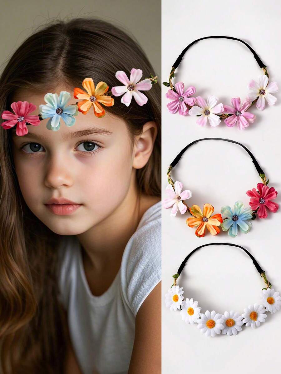 3 stuks/set meisjes bloemen hoofdbanden, elastische haaraccessoires, schattig lief minimalistisch ontwerp, geschikt voor meisjes op vakantie, feest en dagelijks gebruik, lente/zomer
