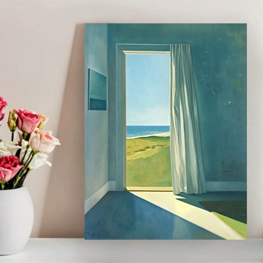 Fashion Seascape Outside The Door, Simple White And Blue-Wooden Frame Canvas Painting 1 Picture (3) Thickness 2.25cm/1 Inch, Home Gift Decoration, Room Decoration Aesthetics, Wall Decoration Art, Perfect Gift, Autumn And Winter Wall Decoration, Living Room Decoration, Bedroom Decoration, Kitchen Decoration, Entrance Decoration, Bathroom Decoration, Direct Wall Painting, High Quality Wall Painting Poster